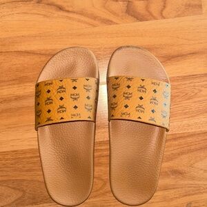 MCM Tan Slides with Logo Print
